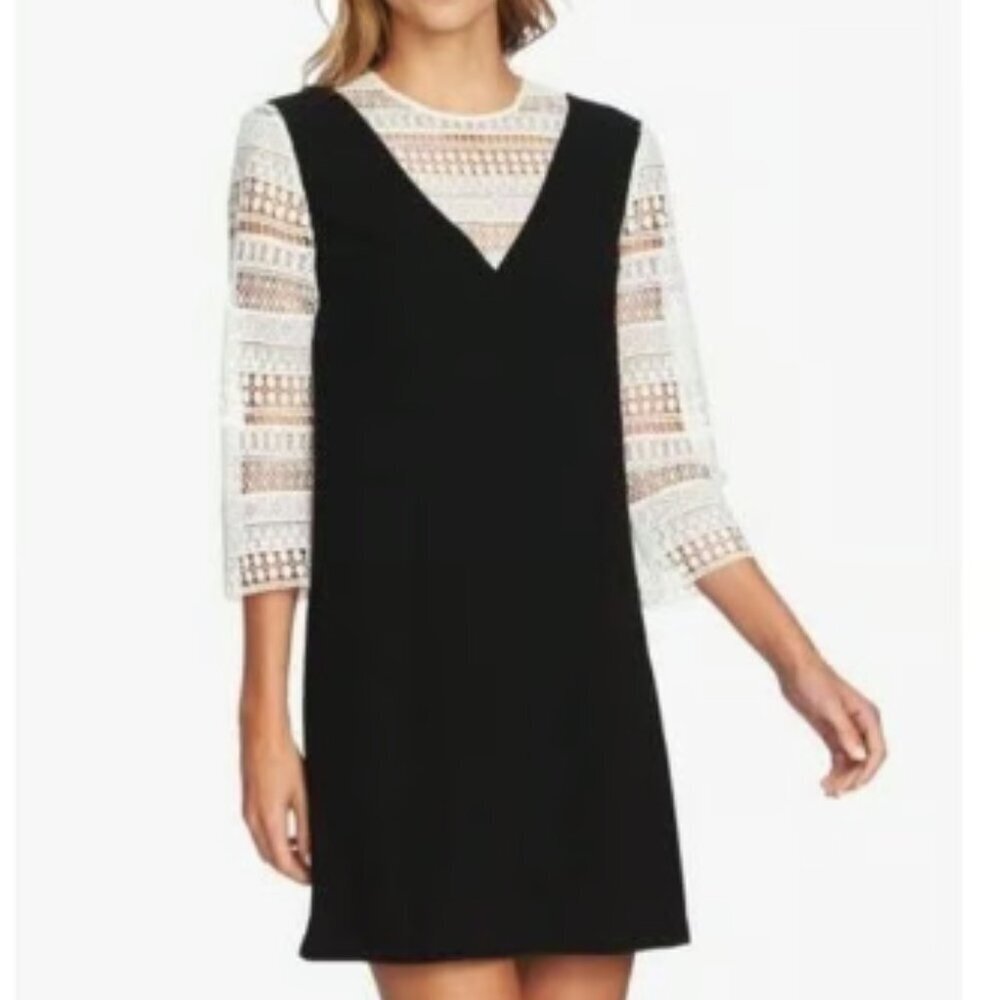 Cece Black White Preppy Boho Crochet Lace Trim 3/4 Sleeve Mini Dress Size 4